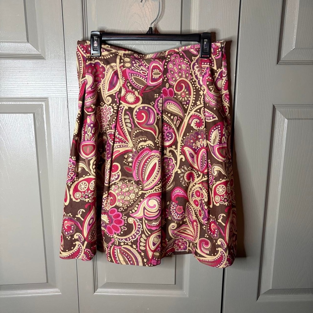 Work To Weekend Brown Pink Paisley Midi Skirt Womens Size 10 Elastic Waist Y2K